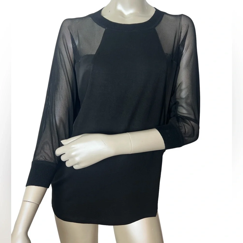 Kerisma brand Black Mesh, Satin, Jersey tee 3/4” sleeve Top - Picture 1 of 10